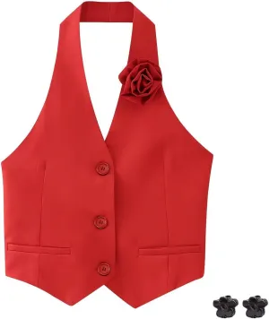 Vest Tops for Women Flowers V Neck Business Casual Sleeveless Summer Casual Single Breasted Jacket S~L