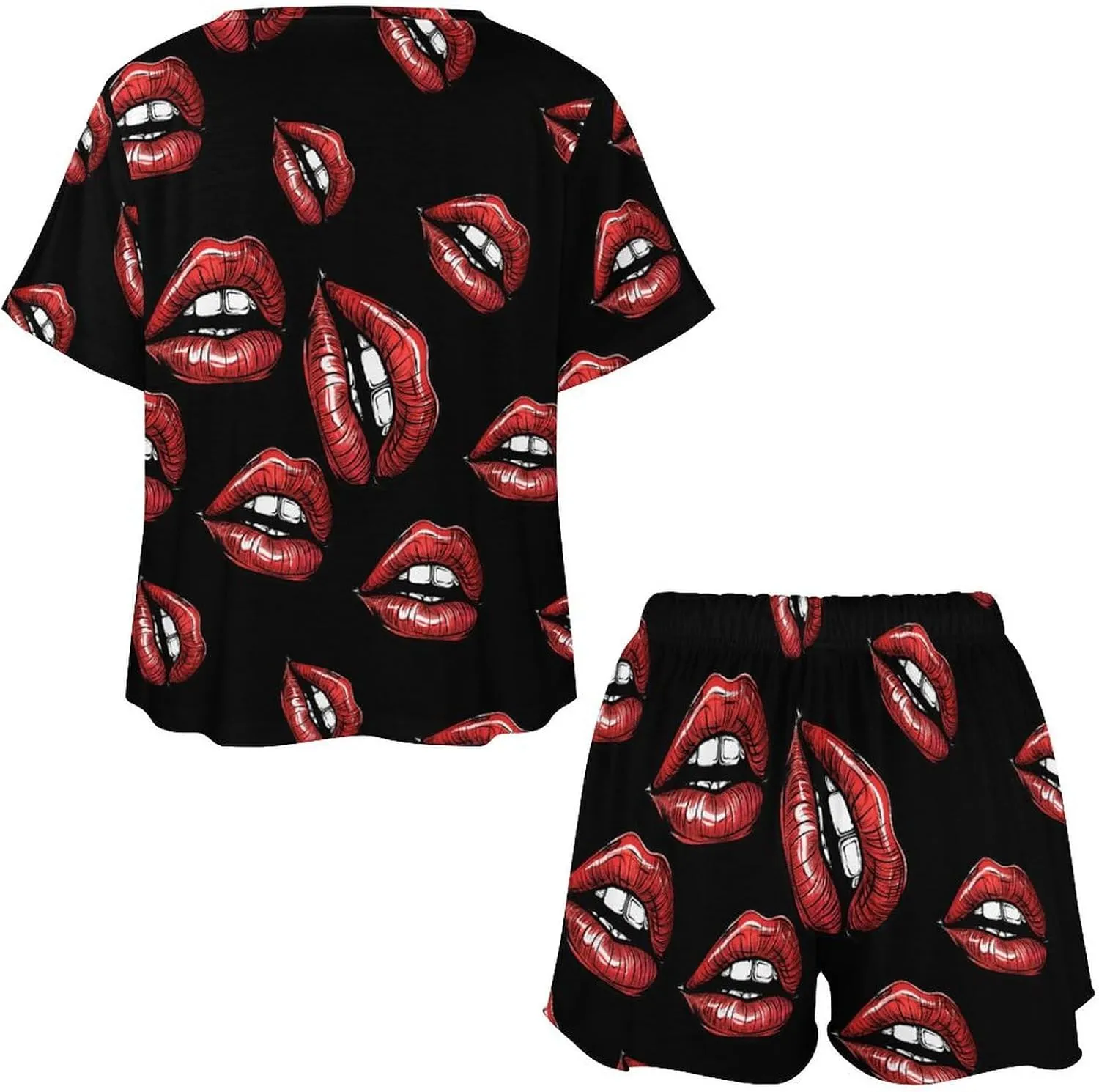 Vintage Red Lips Print Women's Pajama Sets Short Sleeve Shirt And Shorts Cozy Sleepwear Loungewear Pjs