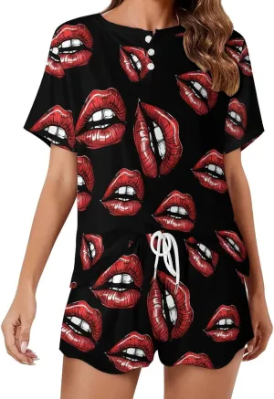 Vintage Red Lips Print Women's Pajama Sets Short Sleeve Shirt And Shorts Cozy Sleepwear Loungewear Pjs