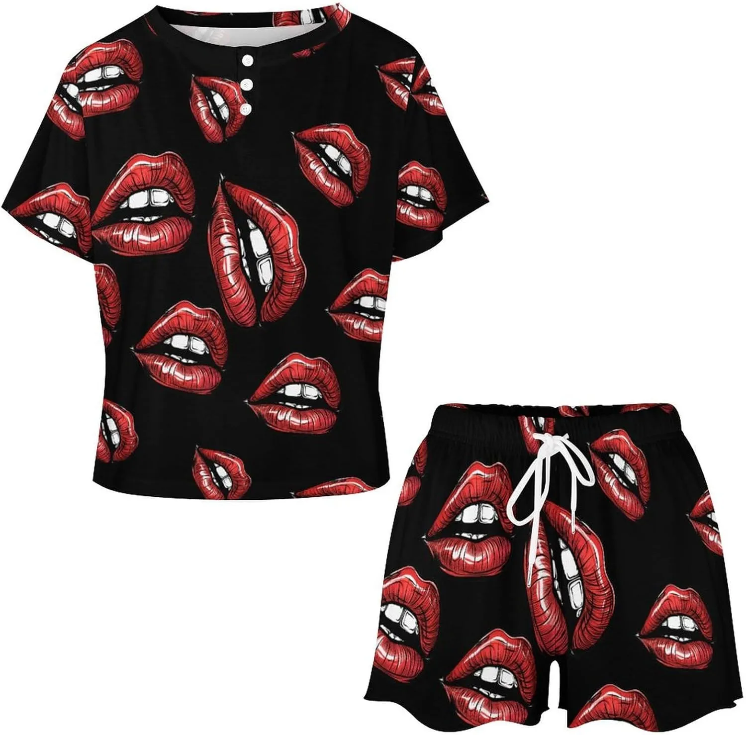 Vintage Red Lips Print Women's Pajama Sets Short Sleeve Shirt And Shorts Cozy Sleepwear Loungewear Pjs