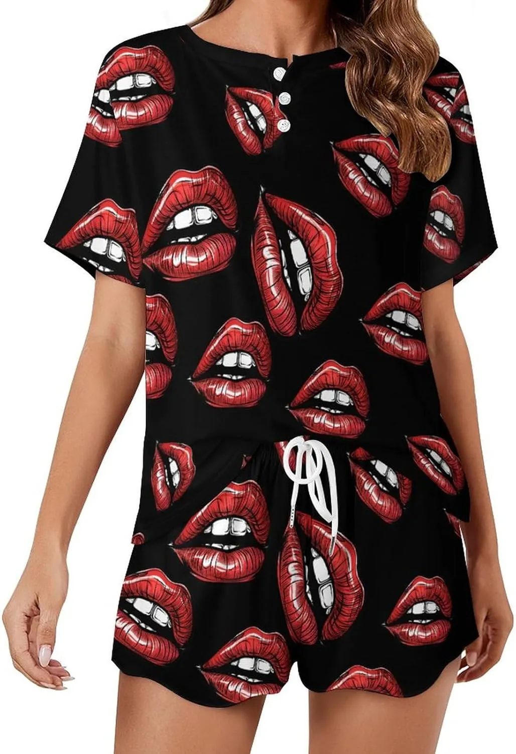 Vintage Red Lips Print Women's Pajama Sets Short Sleeve Shirt And Shorts Cozy Sleepwear Loungewear Pjs