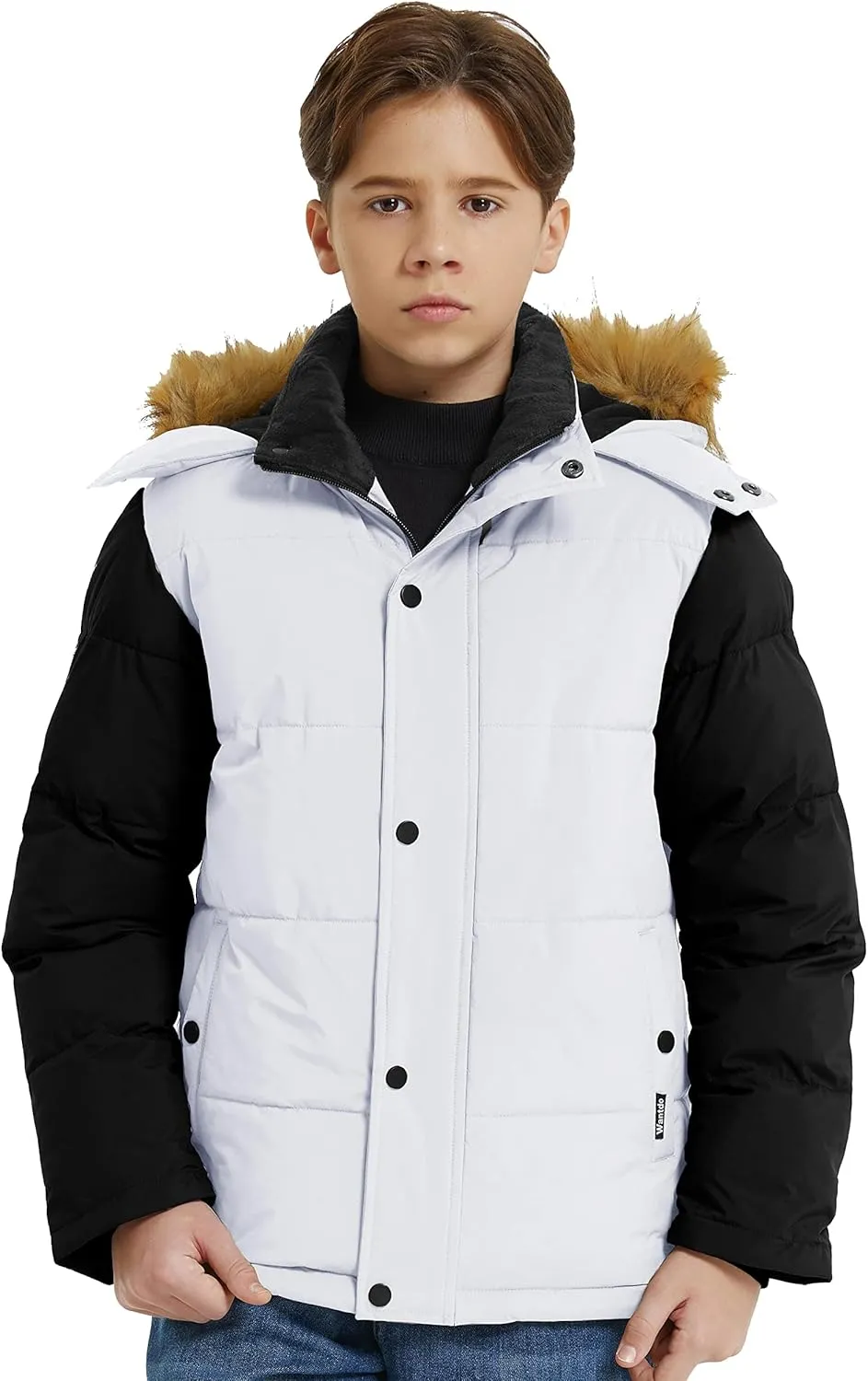 wantdo Boys' Winter Coat Warm Puffer Coat Waterproof Winter Jacket with Faux Fur Hood