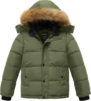 wantdo Boys' Winter Coat Warm Puffer Coat Waterproof Winter Jacket with Faux Fur Hood