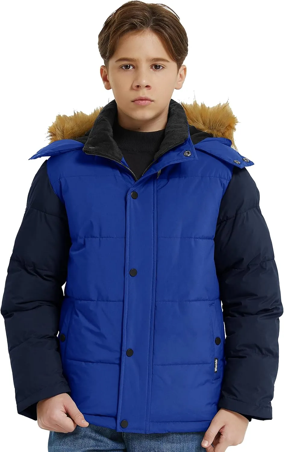 wantdo Boys' Winter Coat Warm Puffer Coat Waterproof Winter Jacket with Faux Fur Hood