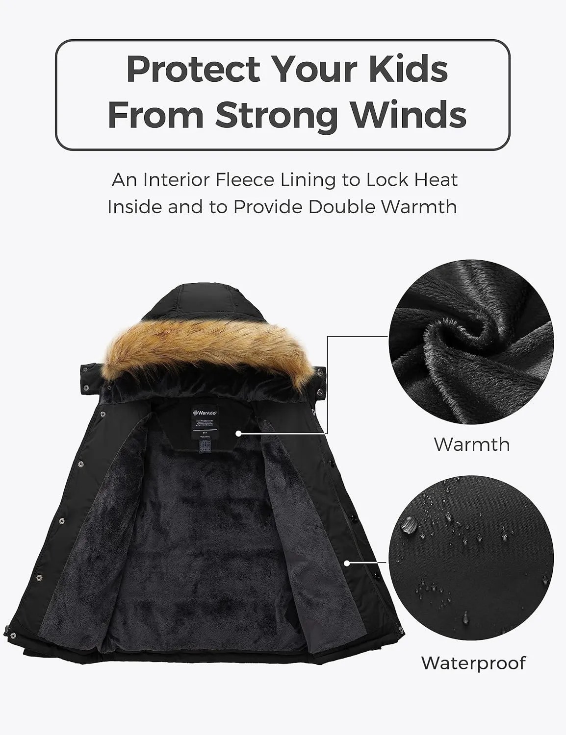 wantdo Boys' Winter Coat Warm Puffer Coat Waterproof Winter Jacket with Faux Fur Hood