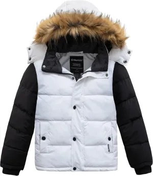 wantdo Boys' Winter Coat Warm Puffer Coat Waterproof Winter Jacket with Faux Fur Hood