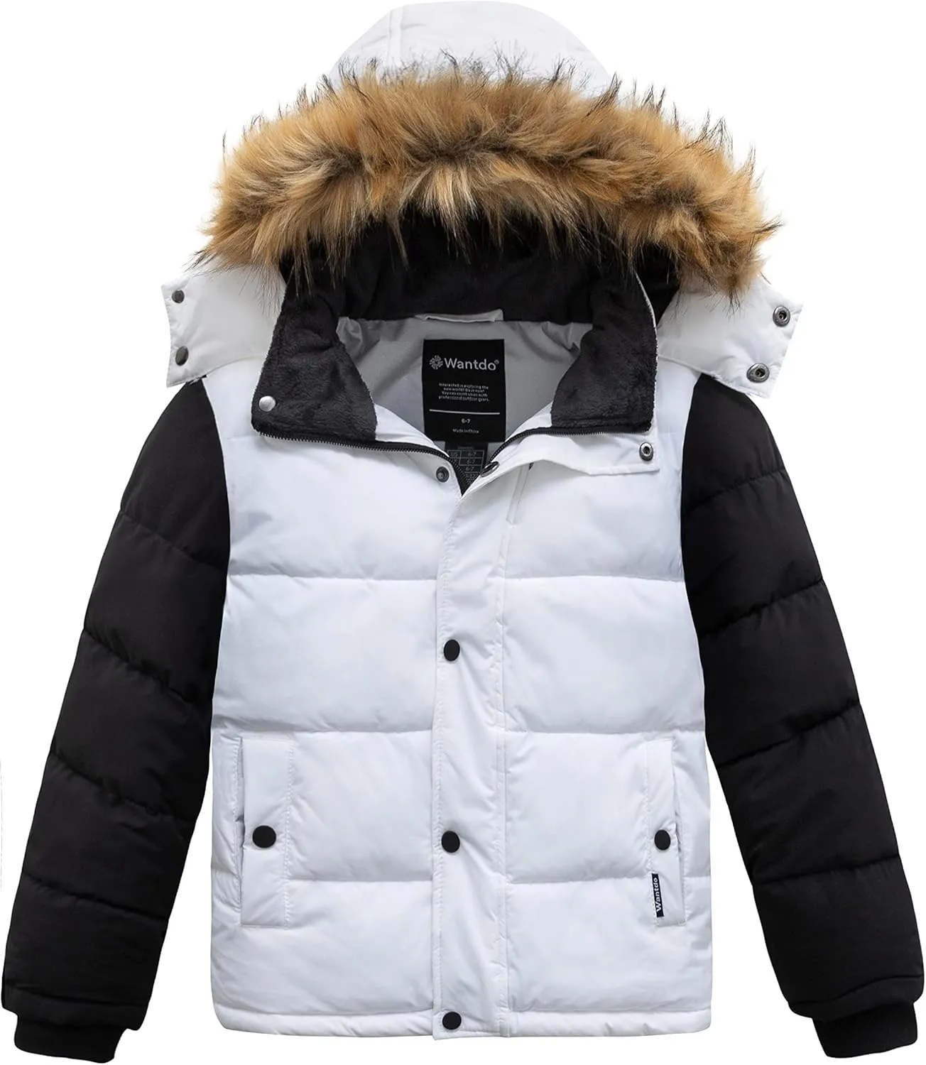 wantdo Boys' Winter Coat Warm Puffer Coat Waterproof Winter Jacket with Faux Fur Hood