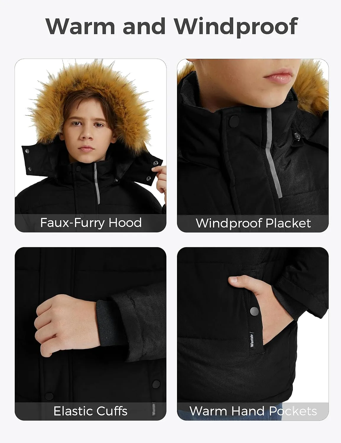 wantdo Boys' Winter Coat Warm Puffer Coat Waterproof Winter Jacket with Faux Fur Hood