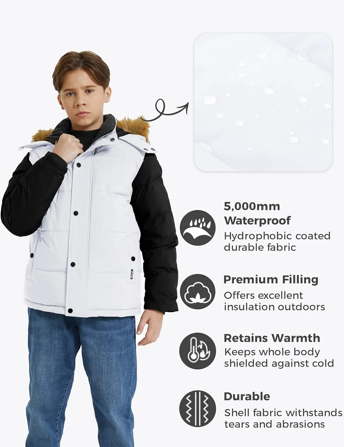 wantdo Boys' Winter Coat Warm Puffer Coat Waterproof Winter Jacket with Faux Fur Hood