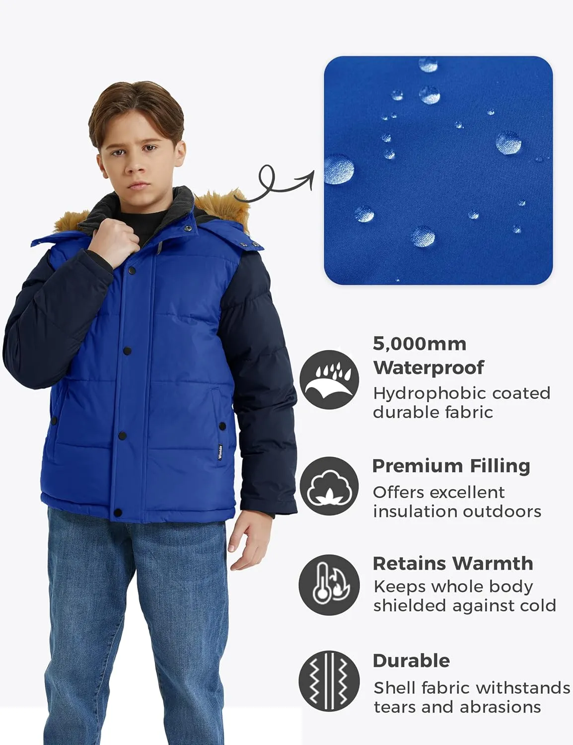 wantdo Boys' Winter Coat Warm Puffer Coat Waterproof Winter Jacket with Faux Fur Hood