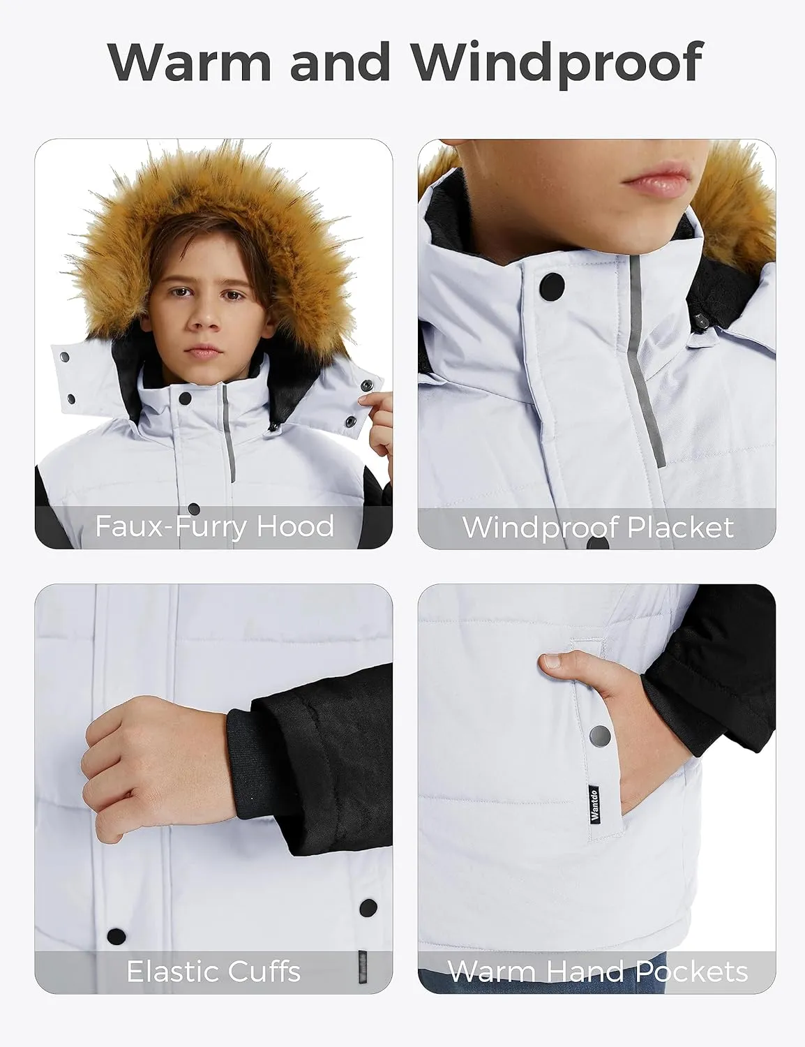 wantdo Boys' Winter Coat Warm Puffer Coat Waterproof Winter Jacket with Faux Fur Hood