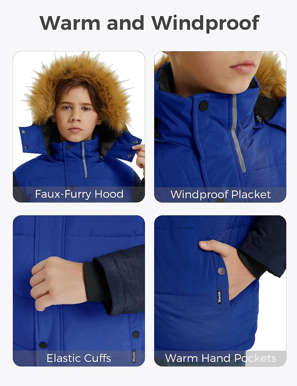 wantdo Boys' Winter Coat Warm Puffer Coat Waterproof Winter Jacket with Faux Fur Hood