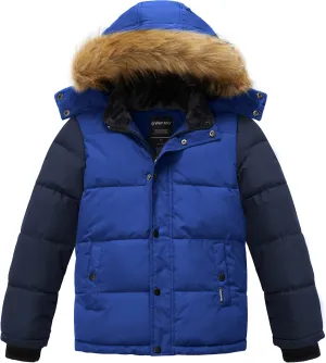wantdo Boys' Winter Coat Warm Puffer Coat Waterproof Winter Jacket with Faux Fur Hood