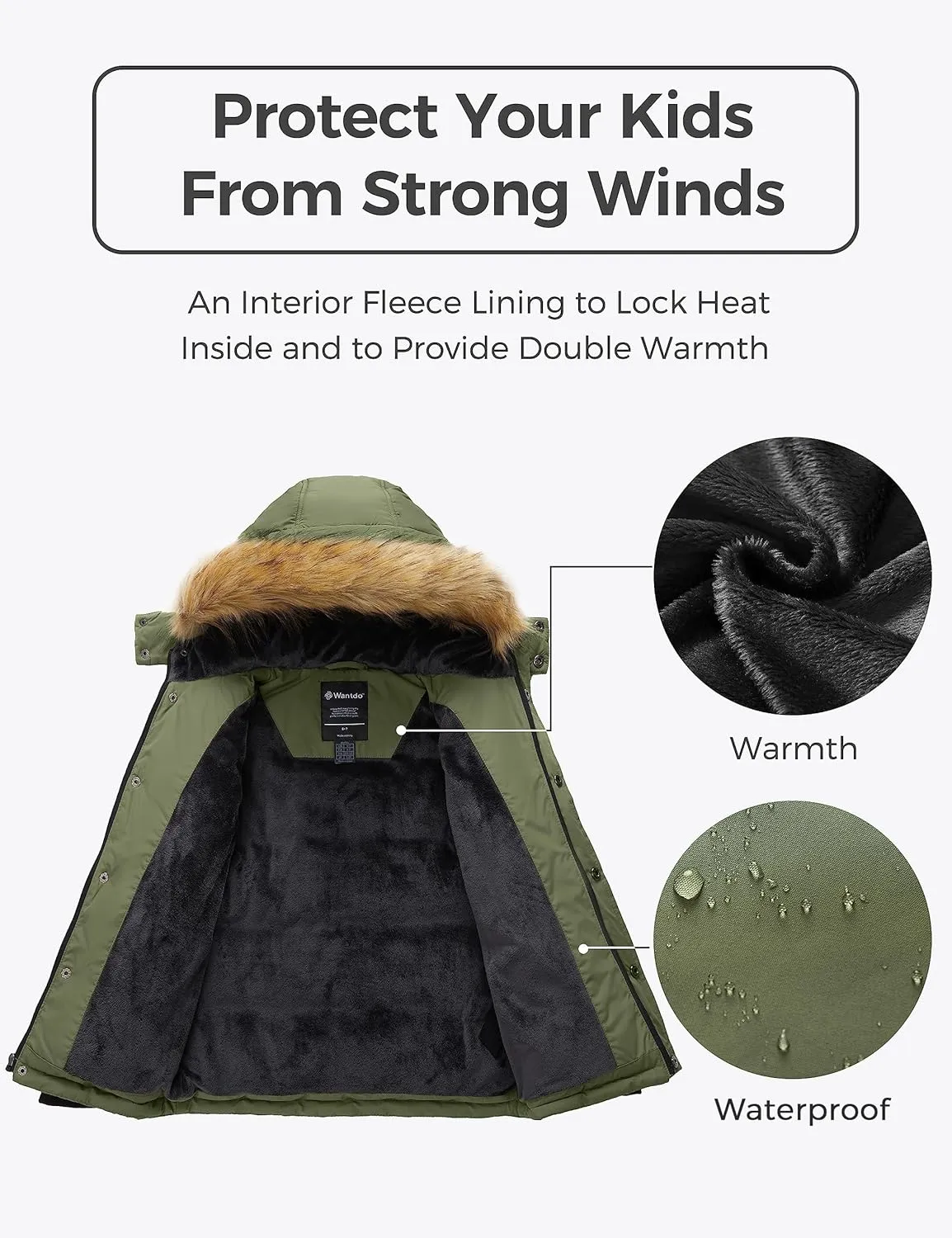 wantdo Boys' Winter Coat Warm Puffer Coat Waterproof Winter Jacket with Faux Fur Hood