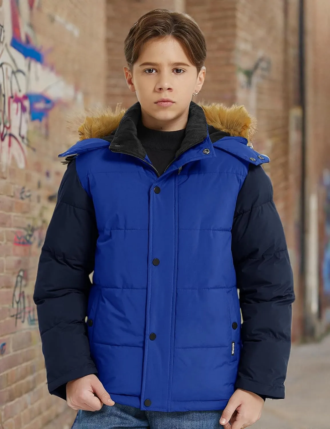 wantdo Boys' Winter Coat Warm Puffer Coat Waterproof Winter Jacket with Faux Fur Hood
