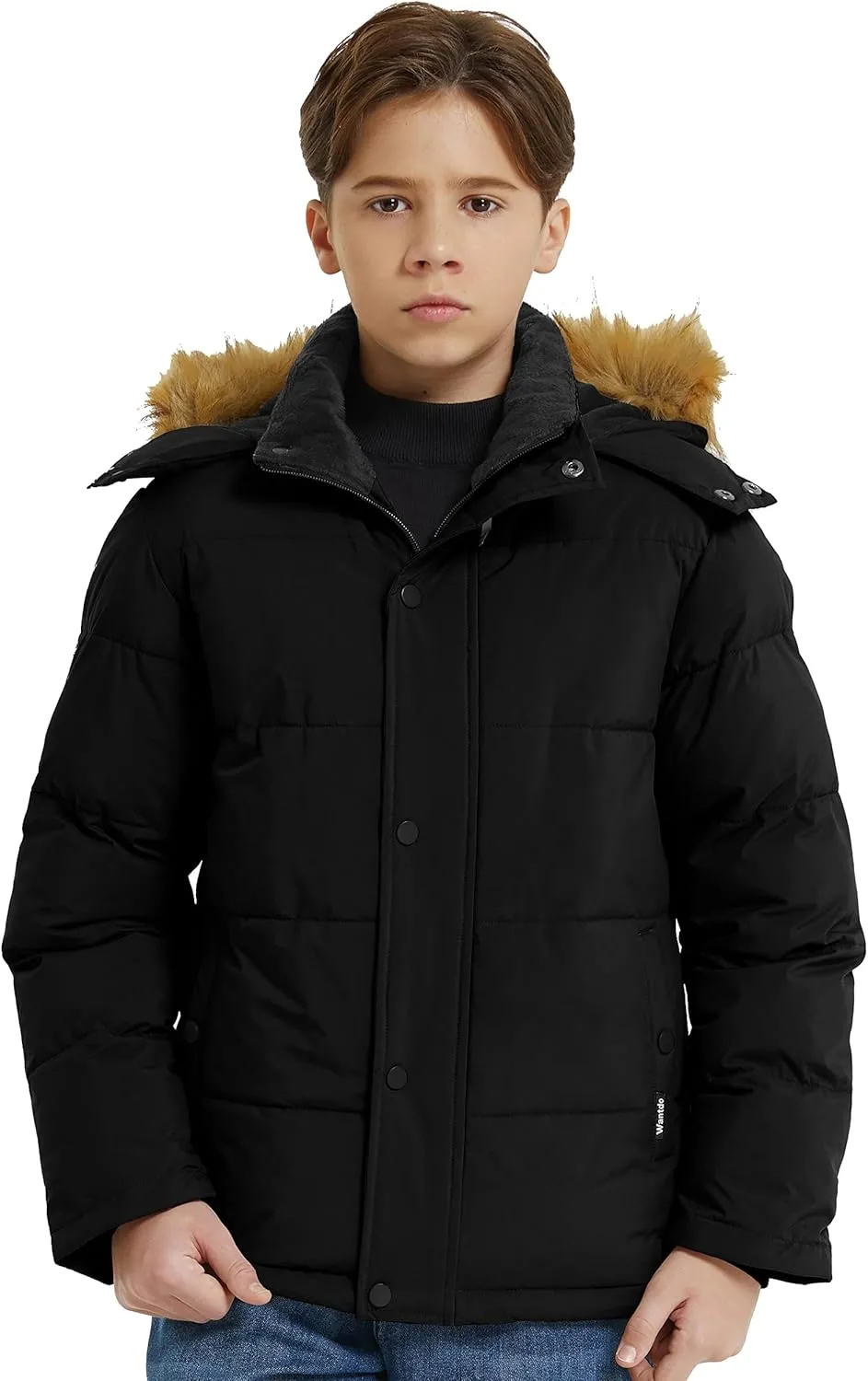 wantdo Boys' Winter Coat Warm Puffer Coat Waterproof Winter Jacket with Faux Fur Hood