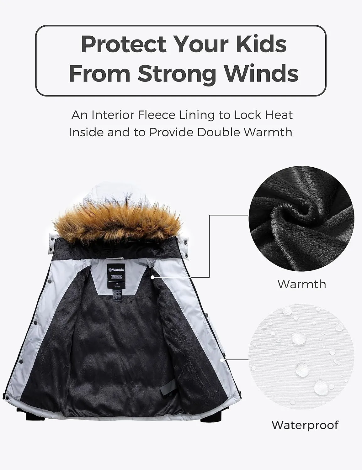 wantdo Boys' Winter Coat Warm Puffer Coat Waterproof Winter Jacket with Faux Fur Hood