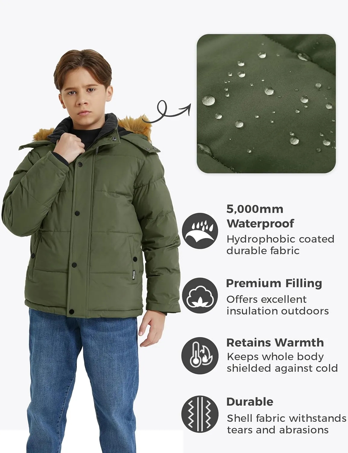 wantdo Boys' Winter Coat Warm Puffer Coat Waterproof Winter Jacket with Faux Fur Hood