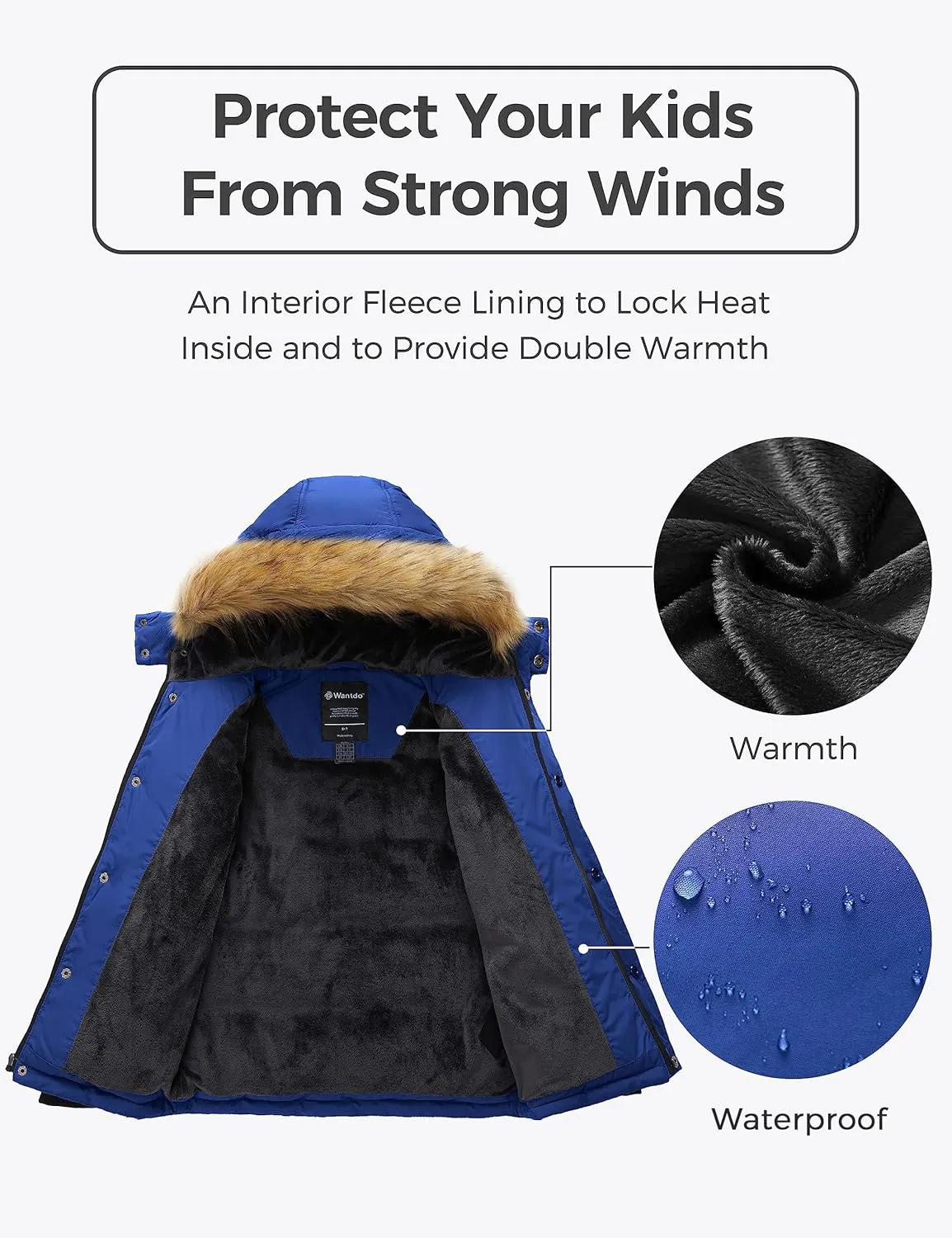 wantdo Boys' Winter Coat Warm Puffer Coat Waterproof Winter Jacket with Faux Fur Hood