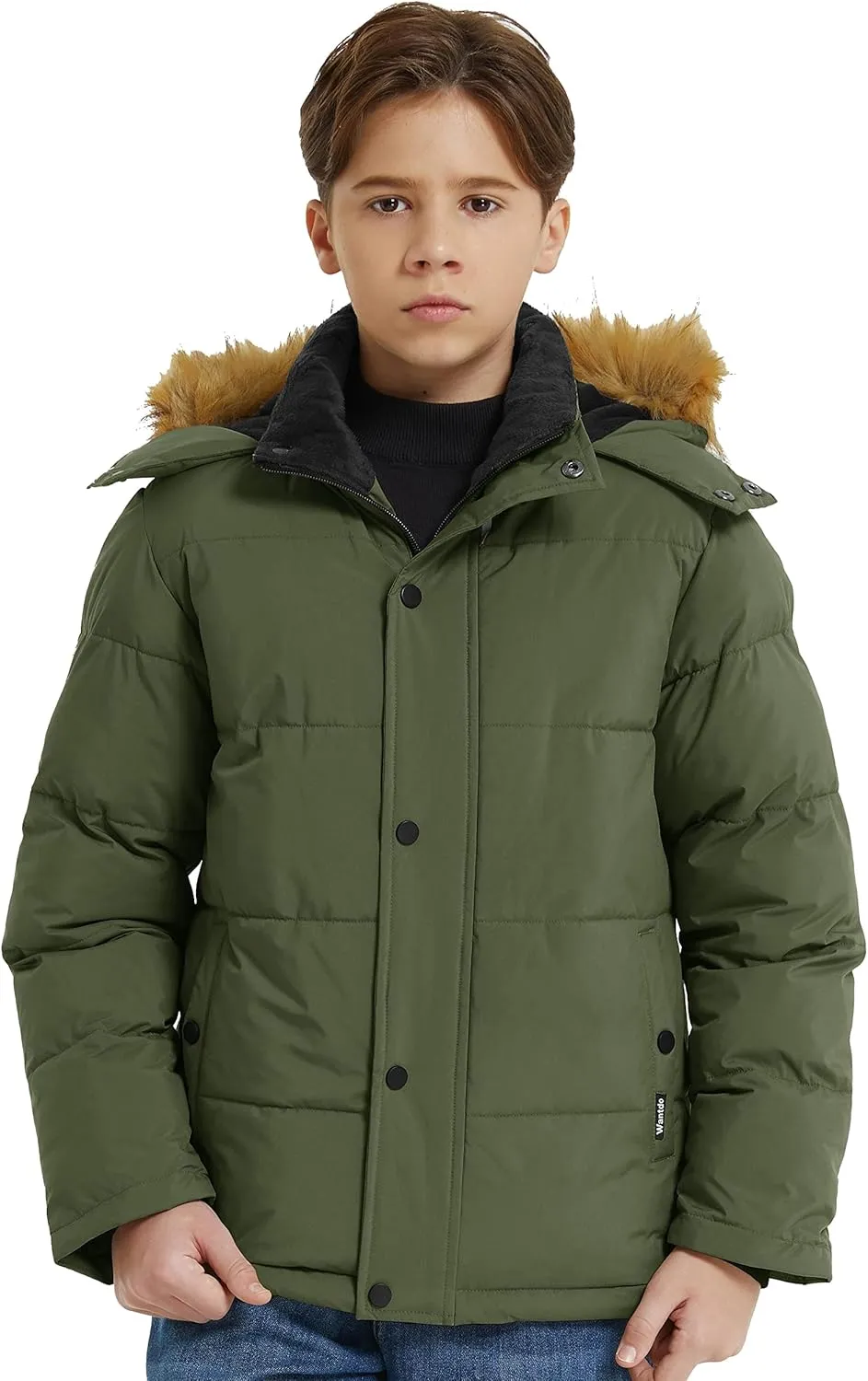 wantdo Boys' Winter Coat Warm Puffer Coat Waterproof Winter Jacket with Faux Fur Hood