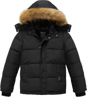 wantdo Boys' Winter Coat Warm Puffer Coat Waterproof Winter Jacket with Faux Fur Hood