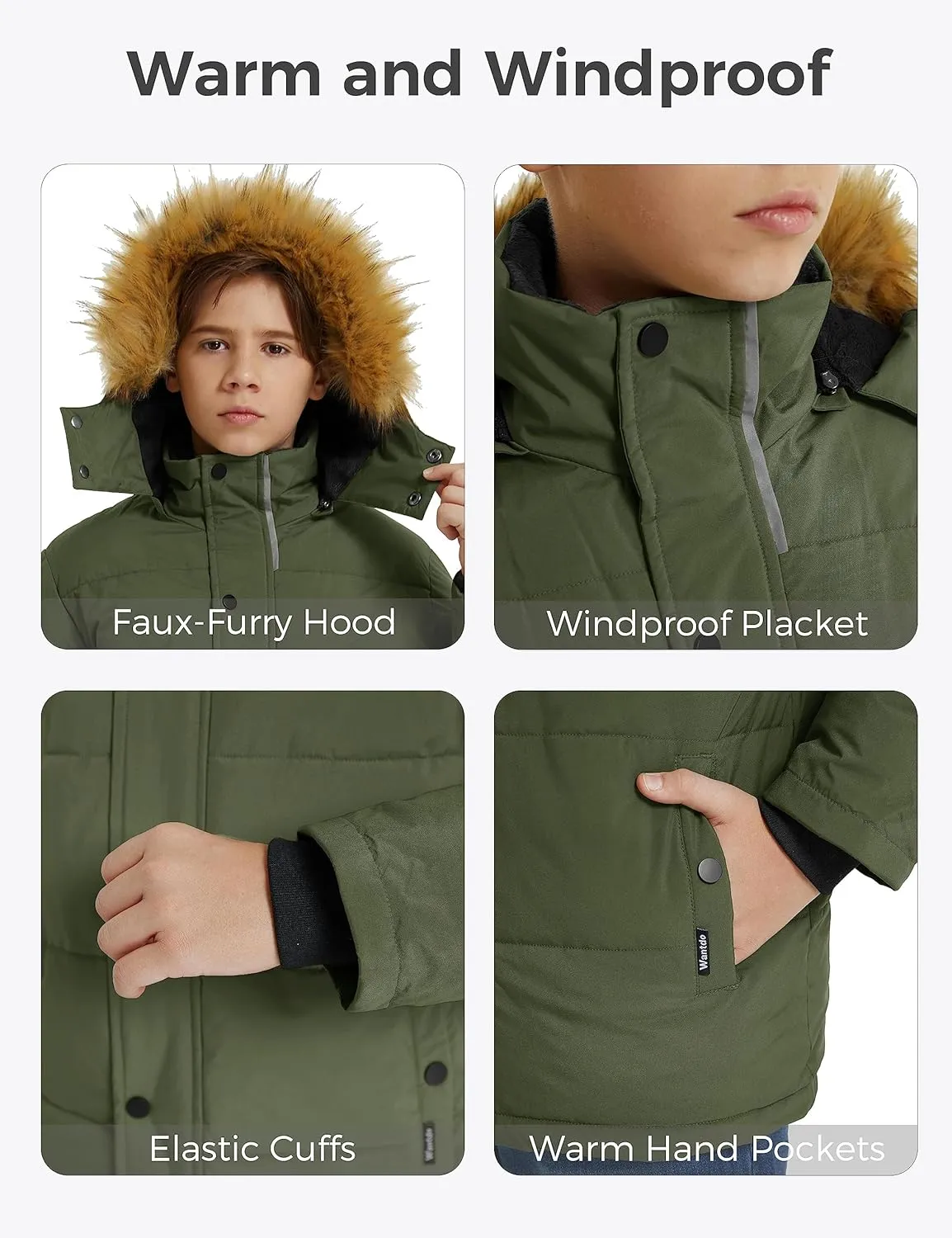 wantdo Boys' Winter Coat Warm Puffer Coat Waterproof Winter Jacket with Faux Fur Hood