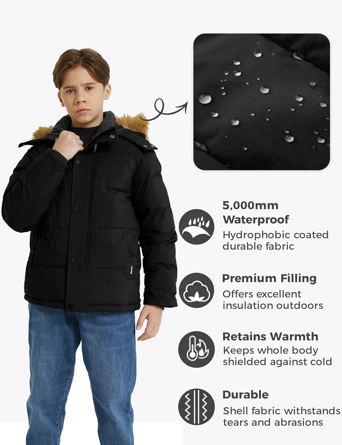 wantdo Boys' Winter Coat Warm Puffer Coat Waterproof Winter Jacket with Faux Fur Hood