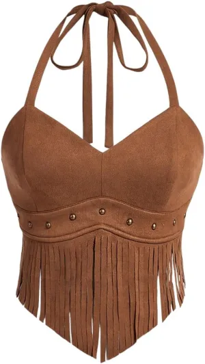 WDIRARA Women's Asymmetrical Fringe Hem Tie Backless Halter Vest Slim Fit Suede Vintage Crop Tank Tops