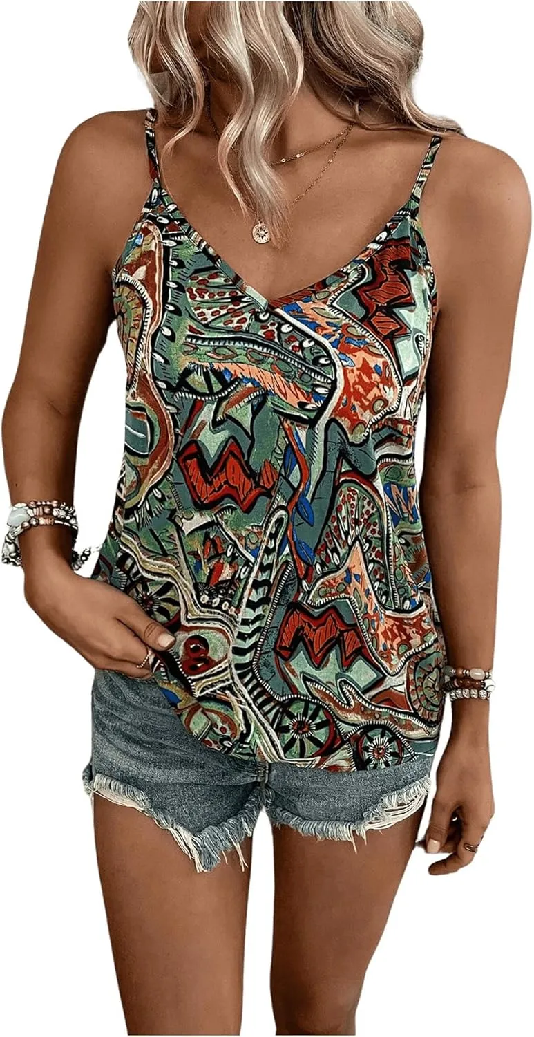 WDIRARA Women's Boho Print Spaghetti Strap Summer Cami Tops V Neck Sleeveless Casual Camisole