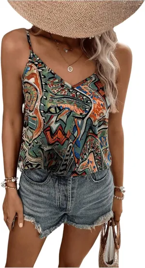 WDIRARA Women's Boho Print Spaghetti Strap Summer Cami Tops V Neck Sleeveless Casual Camisole