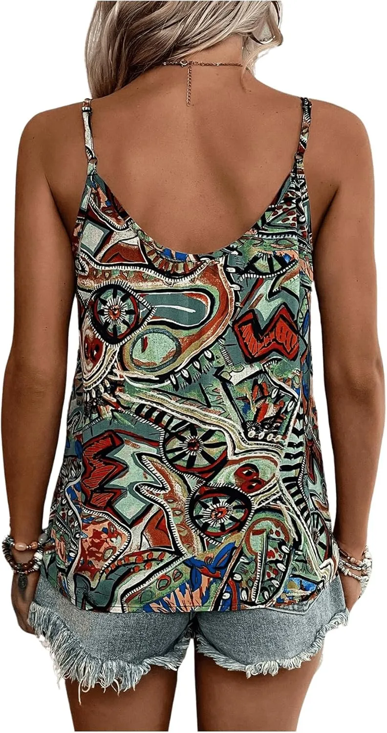 WDIRARA Women's Boho Print Spaghetti Strap Summer Cami Tops V Neck Sleeveless Casual Camisole