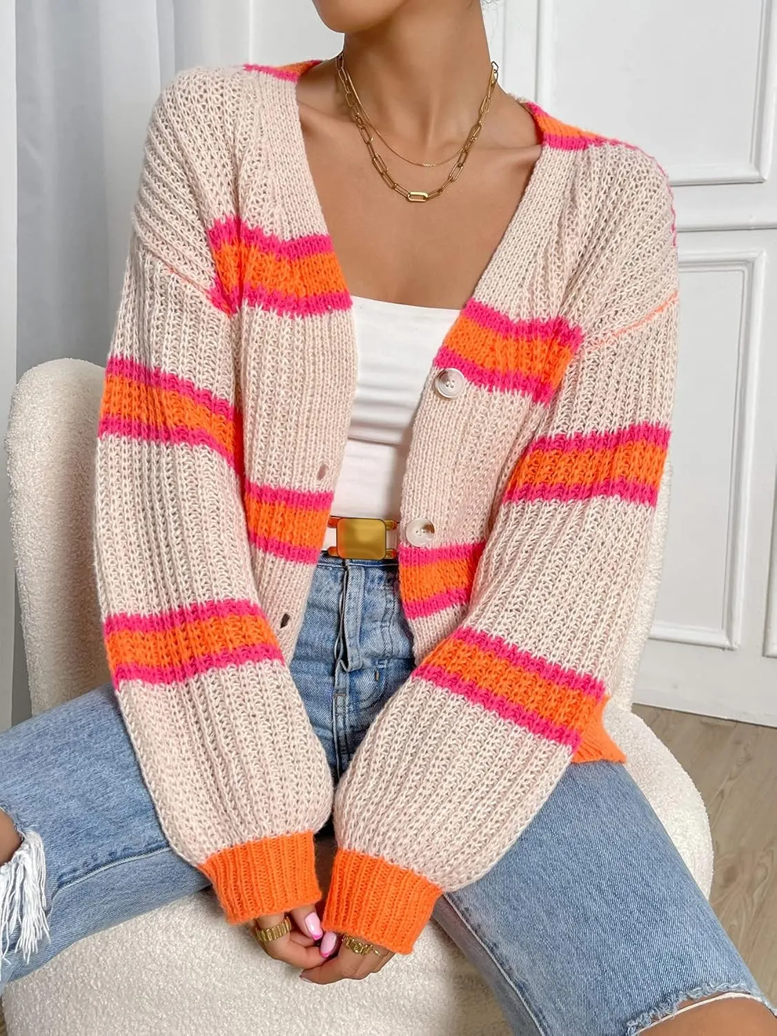 WDIRARA Women's Color Block Drop Shoulder Long Sleeve Cardigan Button Front Mesh Knitted Tops