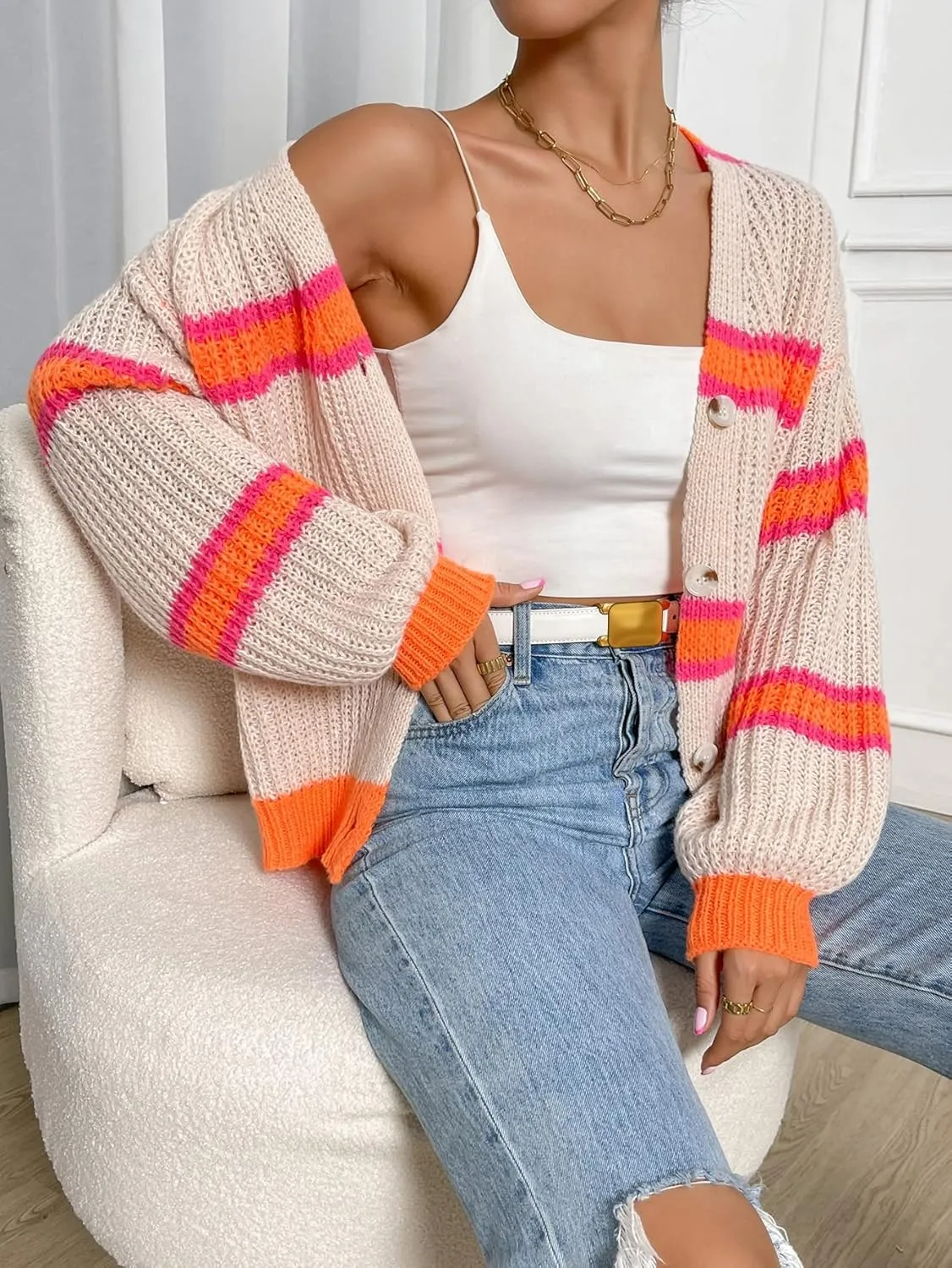 WDIRARA Women's Color Block Drop Shoulder Long Sleeve Cardigan Button Front Mesh Knitted Tops