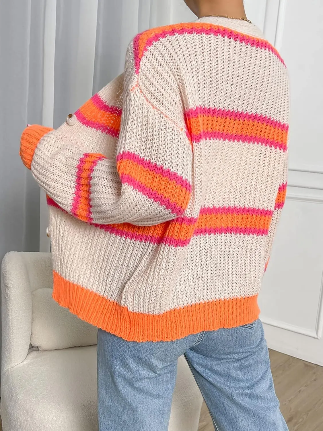 WDIRARA Women's Color Block Drop Shoulder Long Sleeve Cardigan Button Front Mesh Knitted Tops