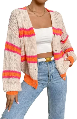 WDIRARA Women's Color Block Drop Shoulder Long Sleeve Cardigan Button Front Mesh Knitted Tops