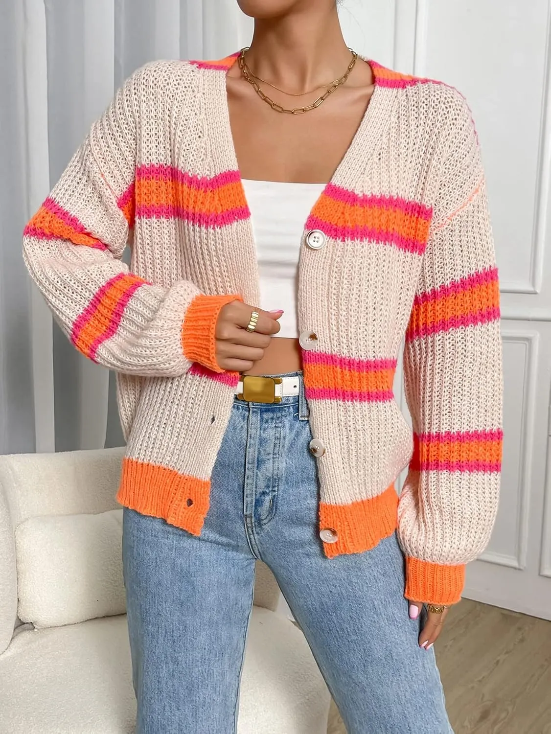 WDIRARA Women's Color Block Drop Shoulder Long Sleeve Cardigan Button Front Mesh Knitted Tops