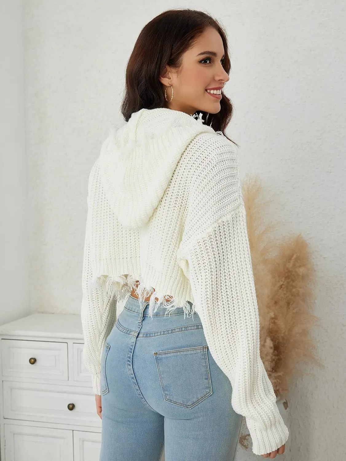 WDIRARA Women's Rib Knitted Zip Up Cardigan Sweater Ripped Hem Drop Shoulder Long Sleeve Zipper Tops
