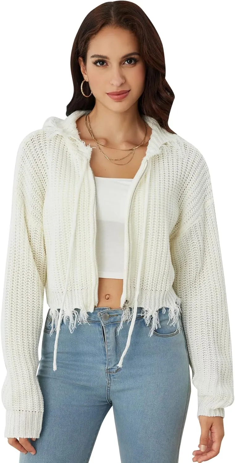 WDIRARA Women's Rib Knitted Zip Up Cardigan Sweater Ripped Hem Drop Shoulder Long Sleeve Zipper Tops