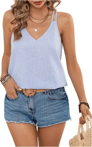 WDIRARA Women's Striped V Neck Sleeveless T-Shirt Tops Summer Casual Cami Tank Top