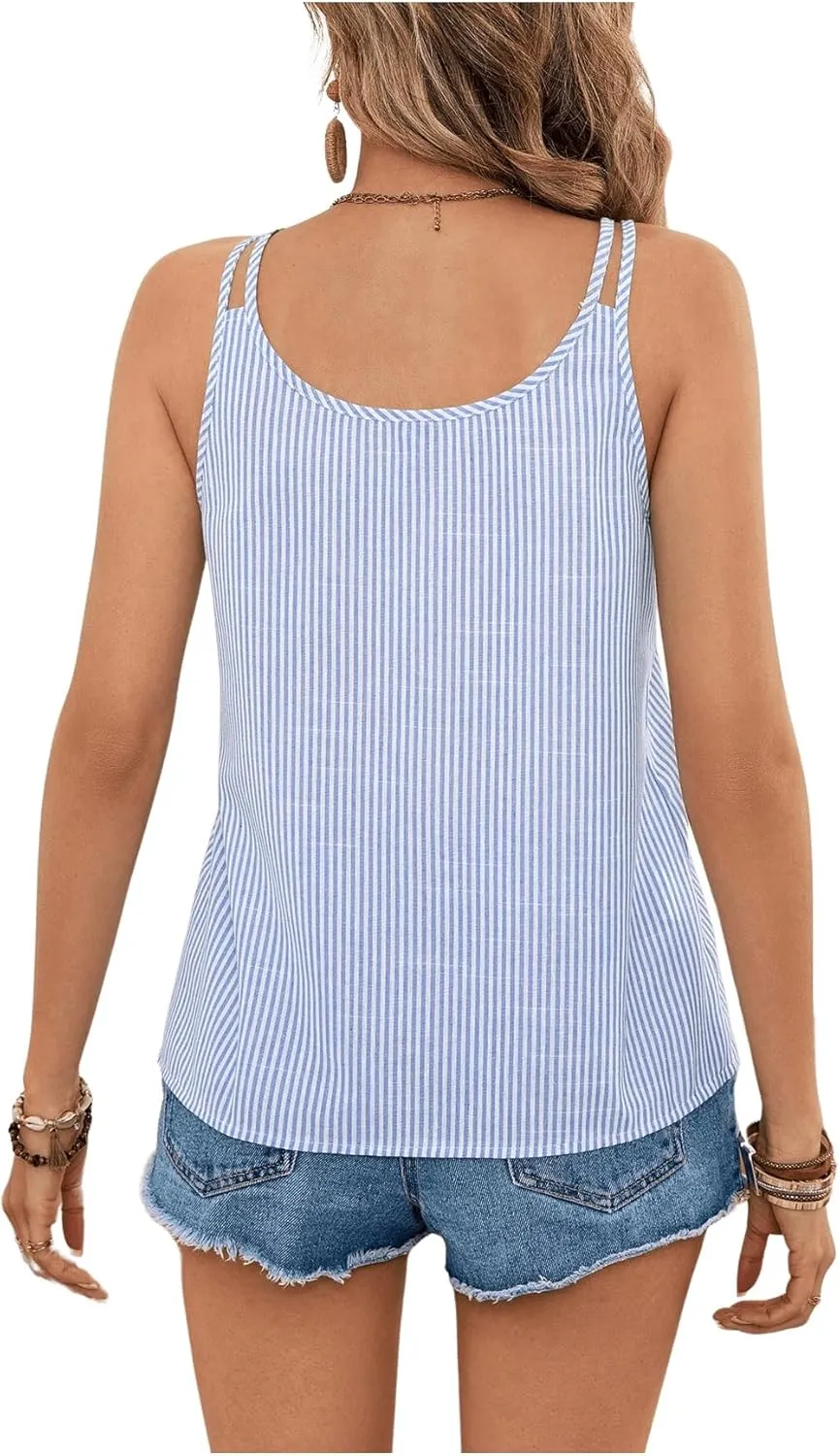 WDIRARA Women's Striped V Neck Sleeveless T-Shirt Tops Summer Casual Cami Tank Top