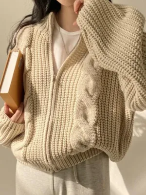 Wenkouban-Spring Casual Outfits Y2K Outfits Solid Zip Up Crochet Cable Knit Cardigan