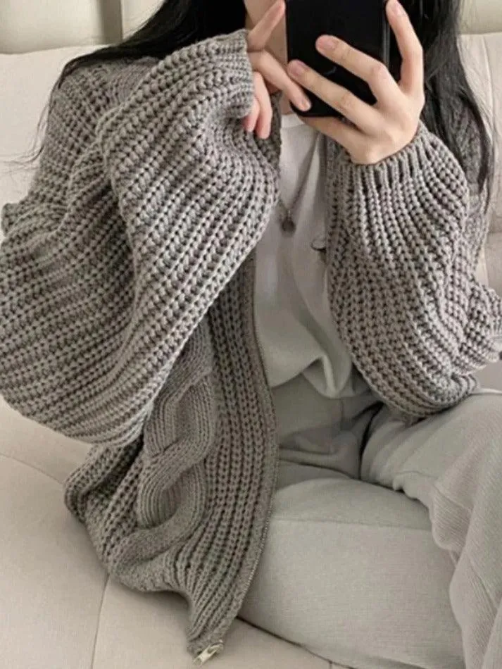 Wenkouban-Spring Casual Outfits Y2K Outfits Solid Zip Up Crochet Cable Knit Cardigan