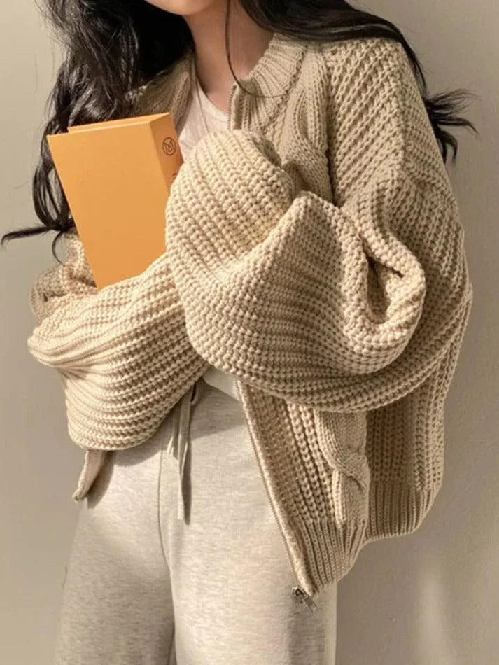 Wenkouban-Spring Casual Outfits Y2K Outfits Solid Zip Up Crochet Cable Knit Cardigan