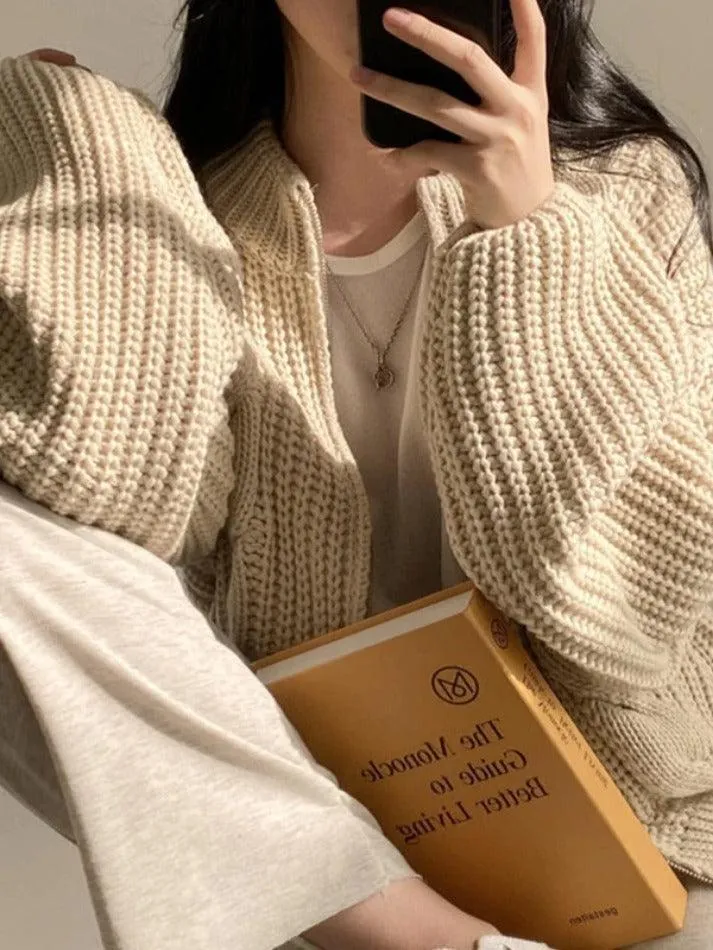 Wenkouban-Spring Casual Outfits Y2K Outfits Solid Zip Up Crochet Cable Knit Cardigan