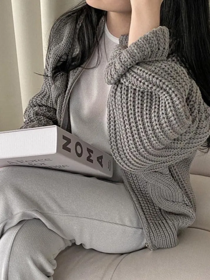 Wenkouban-Spring Casual Outfits Y2K Outfits Solid Zip Up Crochet Cable Knit Cardigan
