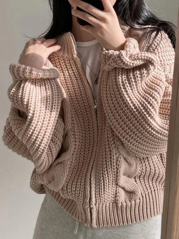 Wenkouban-Spring Casual Outfits Y2K Outfits Solid Zip Up Crochet Cable Knit Cardigan
