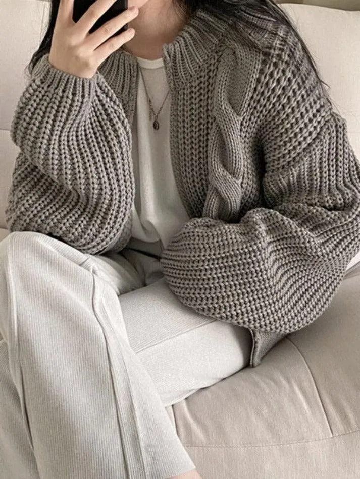 Wenkouban-Spring Casual Outfits Y2K Outfits Solid Zip Up Crochet Cable Knit Cardigan