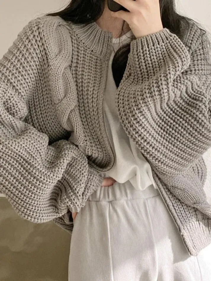 Wenkouban-Spring Casual Outfits Y2K Outfits Solid Zip Up Crochet Cable Knit Cardigan