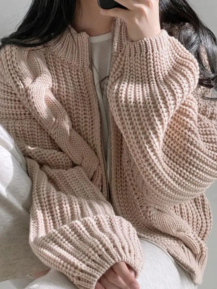 Wenkouban-Spring Casual Outfits Y2K Outfits Solid Zip Up Crochet Cable Knit Cardigan