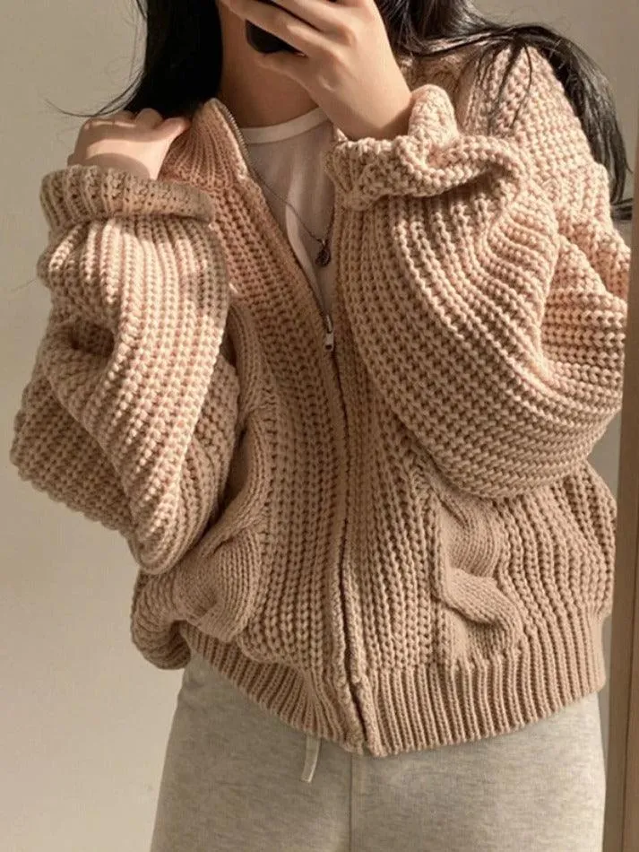 Wenkouban-Spring Casual Outfits Y2K Outfits Solid Zip Up Crochet Cable Knit Cardigan